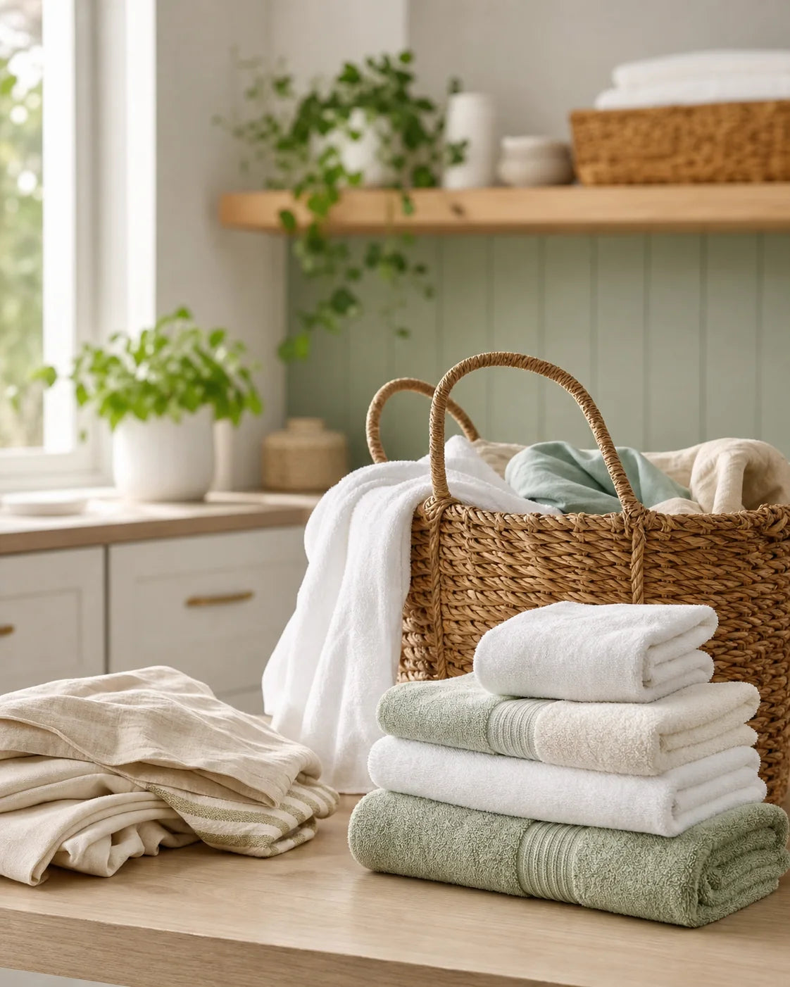 Folded towels and laundry basket